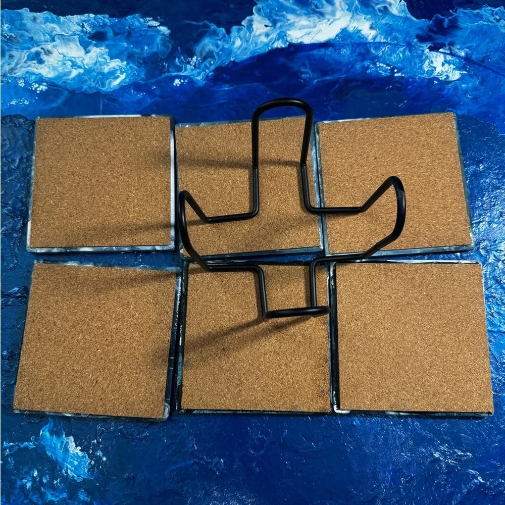6 COASTER GREY WHITE Marble Coasters Set W/Holder EASTER GIFT